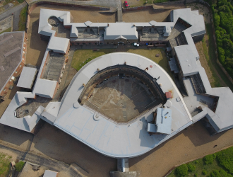 Ariel view from drone showing pentagonal shape of the current structure