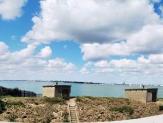Panoramic view showing Darell's battery and Felixstowe port to Harwich 