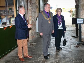 Mayor and mayoress arriving with Chairman Tim Clarke to Landguard Voices exhibit 2019 